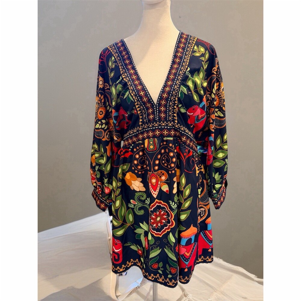SHEIN Black Multicolor V-Neck Long Sleeve Boho Mini Dress